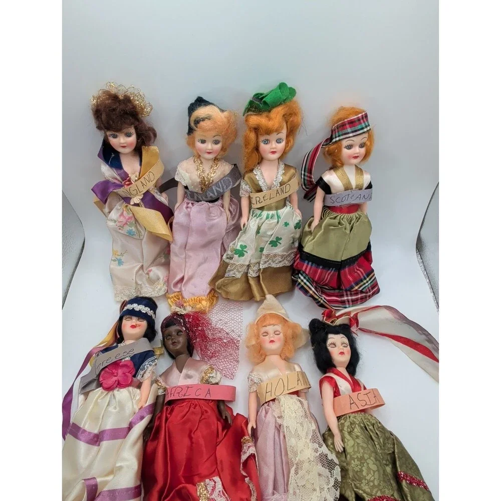 Vintage Dolls From Around The World Lot Of 8 With Handwritten Sashes, Shoes